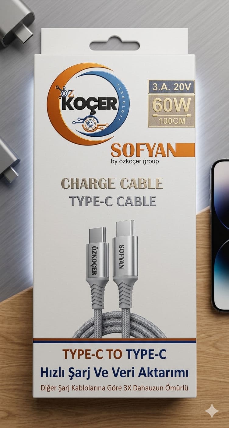 SOFYAN 60W Type-C to Type-C Hızlı Şarj ve Veri Aktarım Kablosu 100cm